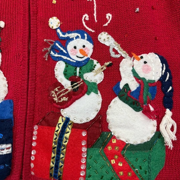 Heirloom Collectibles Christmas Cardigan Size L Full Zip Snowmen Appliques‎ Art - Picture 6 of 17